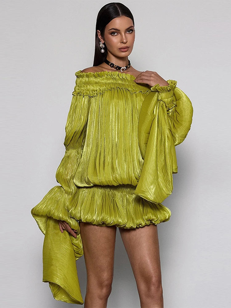 Women's Y2k Off Shoulder Pleated Mini Dress Elegant Lime Green Flare Long Sleeve Ruffle Hem Bubble Vestidos Date Party Dresses