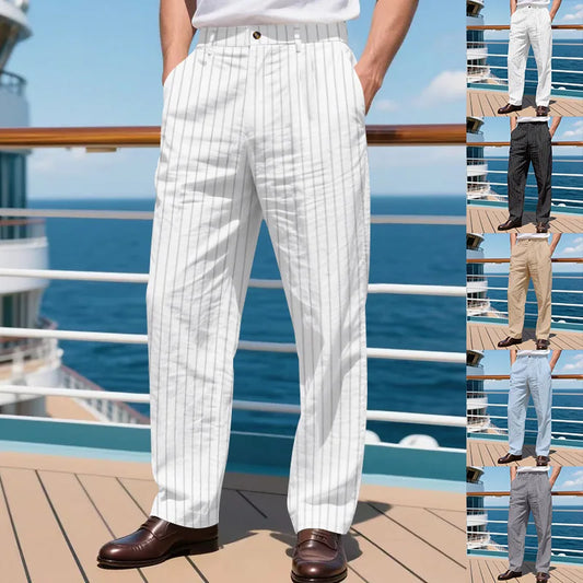 2025 Autumn New Men's Linen Trousers Loose Breathable Simple Casual Pants Vertical Stripe Design Straight Suit Trousers