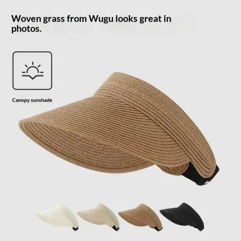 UPF50+ Wide Brim Visor Hat For Women Straw Beach Sun Visor Foldable Ponytail With UV Protection Straw Hat Beach Hats【AliS8】 BAZAARHUBO