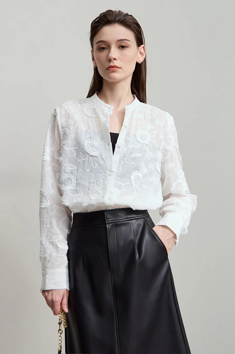 AMII 2025 Autumn New Elegant Embroidery Women's Shirt Stand Collar Wide Shoulder Office Lady Loose Blouses Women Tops 12543066