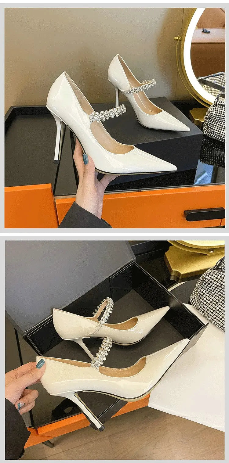 Spring 2025 New French Rhinestone Pointed White High Heels Temperament Patent Leather Shoes Women Wedding Pumps