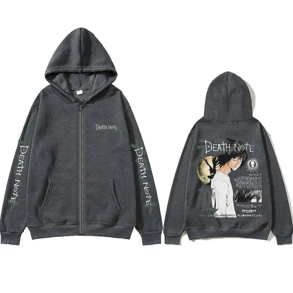Anime Death Note L Lawliet Graphic Zipper Hoodie Men Women Casual Oversized Cotton Zip Up Jacket Male Vintage Zip Up Sweatshirt BAZAARHUBO