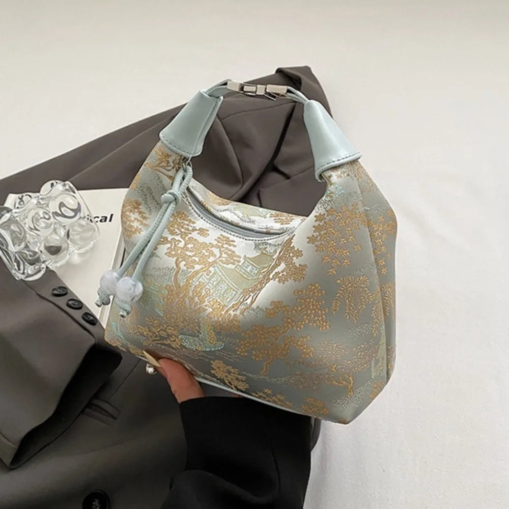 Fashion Embroidered Chinese Style Handbag Canvas Zipper Pea Purses Luxury Adjustable Cheongsam Bag Women