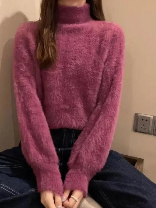 2026 Winter Imitate Mink Wool Hot Fleecing Female Turtleneck Elastic Casual Sweater Women Knitted Tops Pullovers Soft  Warm