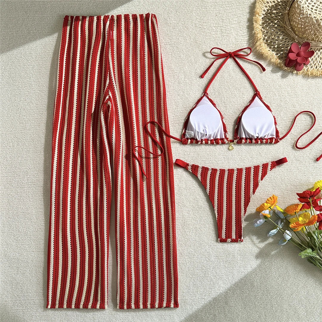 With Pants Striped Halter Bikini Female Swimsuit Women Swimwear Three-pieces Bikini set Brazilian Bather Bathing Suit Swim