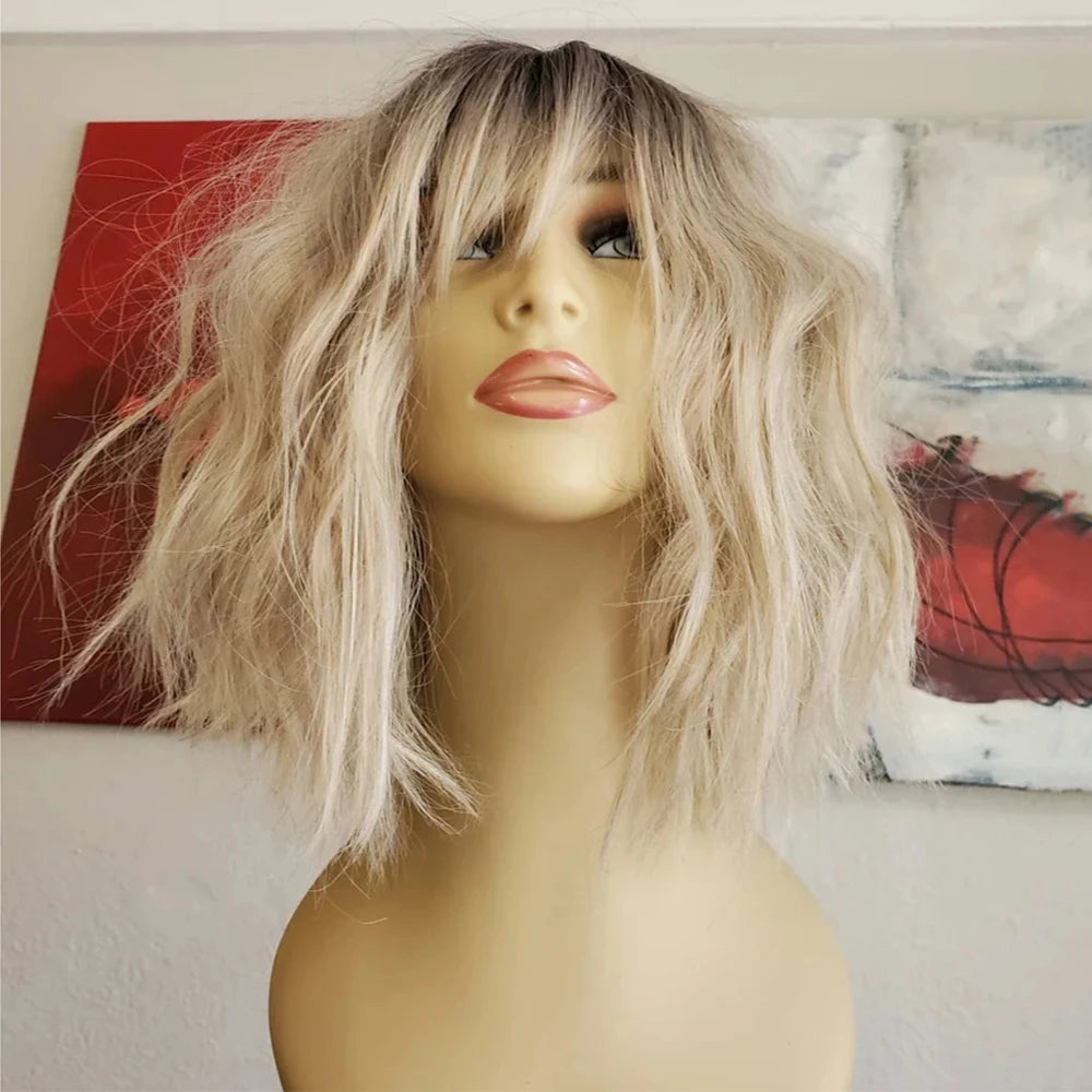Rooted Blonde Bob Wig with Bangs Heat Resistant Fiber Highlighted Fringe Wavy Wig Synthetic Lace Front Wig for Women Daily Use