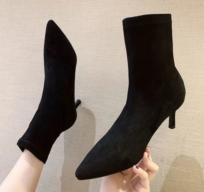 Comemore 2021 Autumn Winter High Heel Women's Shoes Pointed Toe Stiletto Ankle Boots Stockings Black Girls' Socks Boots Dress 34