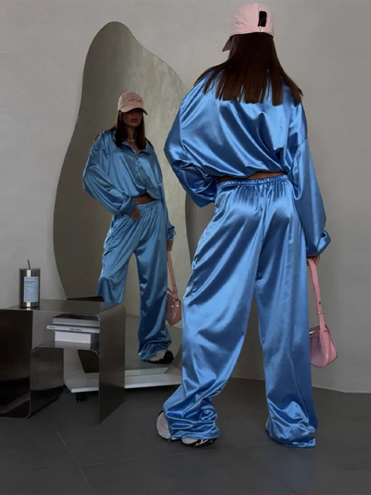 2026 Spring Satin Embroidered Zip-Up Jacket Wide Leg Pants Set Oversized Slouchy Women 2 Pcs Outfit Cool Lady Co-ord Streetwear