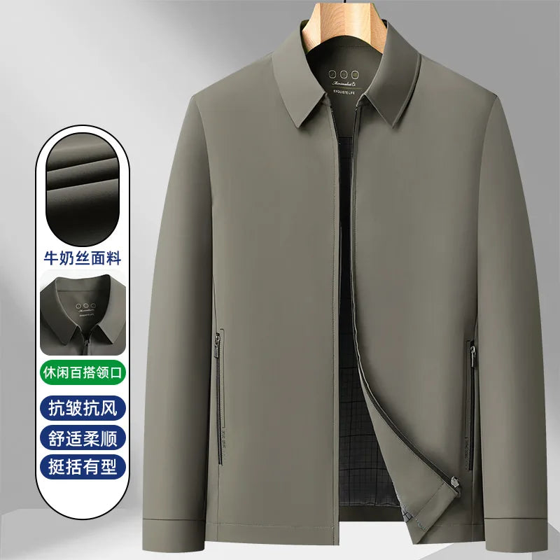 2026 New Men's Spring Lapel Zip-Up Jacket Spandex Fabric Casual Business Outerwear Windproof Anti-Wrinkle Coat