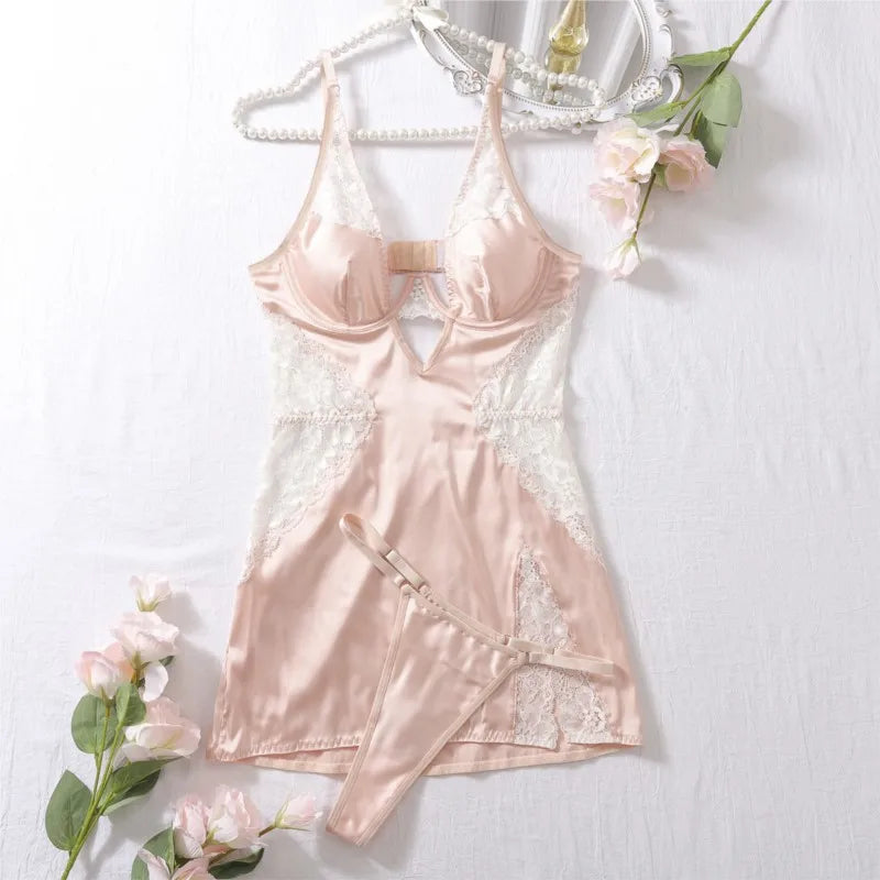 Sexy Satin Night Dress Deep V Neck Lace Trim Slip Dress Women's Silk Lingerie Elegant Sissy Nightgown Slips With Thongs Sheer