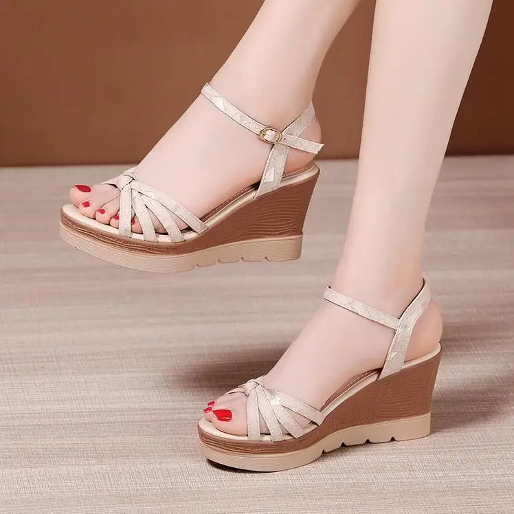Hot Sale Thick Sole Leather Casual Platform Sandals Women Summer 2026 High Heels Wedges Shoes for Office Beach Mother