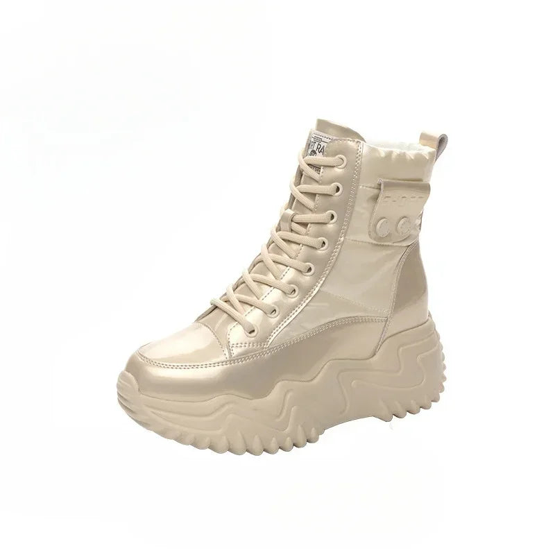 7CM Heightening Genuine Leather Platform Wedge Hidden High Heels Women Ankle Boots Casual Chunky Sneakers Spring Autumn Shoes