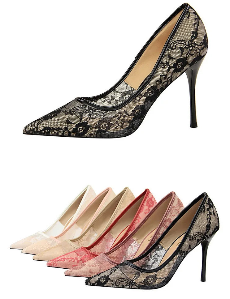 Women Fashion Sexy Pumps High Heels Shoes Female Sexy Wedding Shoes Ladies Stiletto Women New Pointed Toe Mesh Hollow Lace Heels