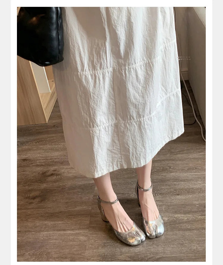 Brand Designer Tabi ninja high heels shoes woman ankle strap silver crack leather pumps split toe D'orsay mary janes shoes woman