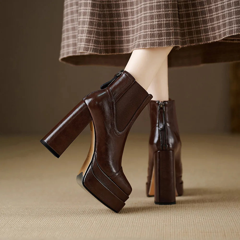 Aucegi Women Genuine Leather Back Zipper Ankle Boots Fashion Square Toe Platform Thick High Heels Party All Match Casual Shoes