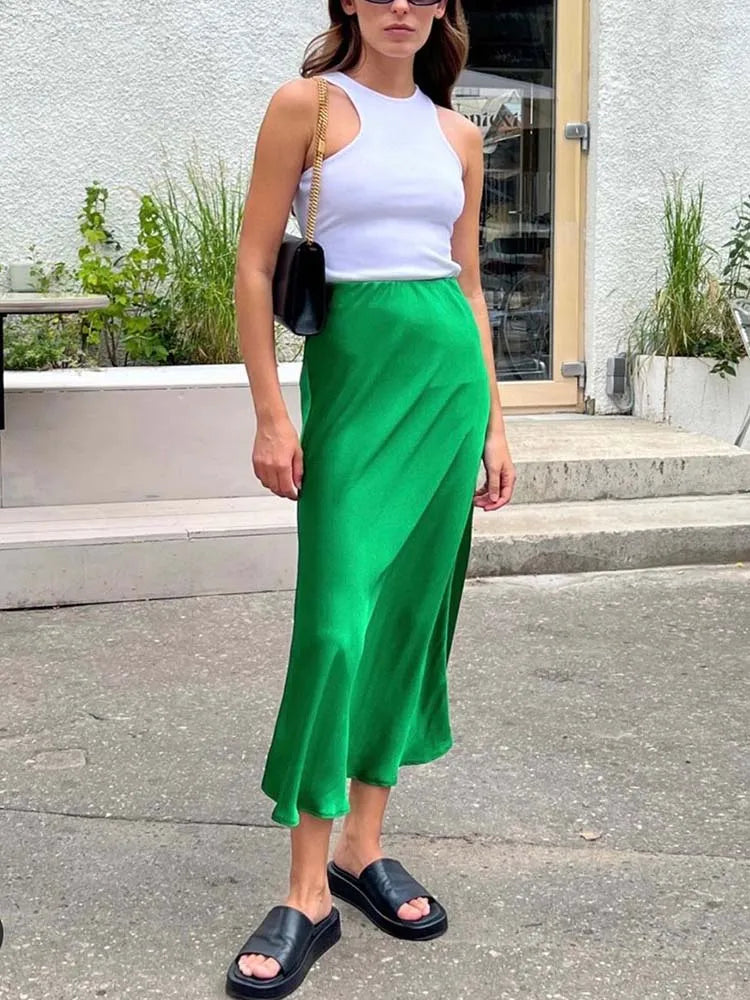 Elegant Women's Skirts High Waist Silk Satin A-line Skirt Lady Fashion Solid Color Purple Long Skirts for Women Fashion 2026