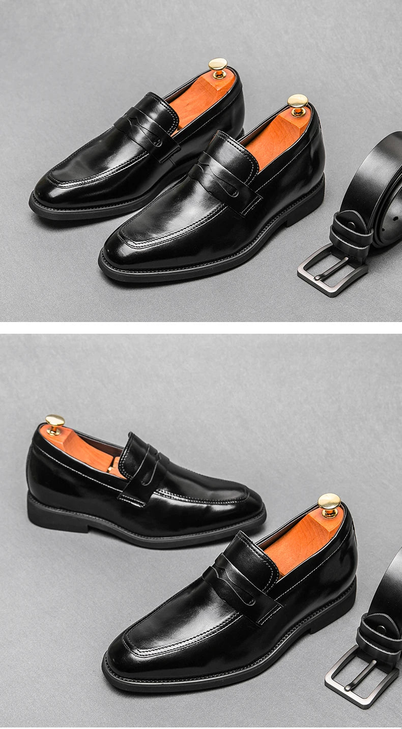 New Men Leather Shoes Height Elevator Shoes For Men Luxury Dress Shoes Slip On Business Comfortable Increase 6cm Wedding Loafers