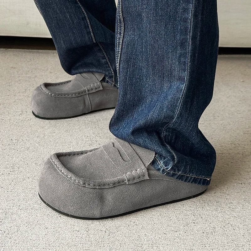 Suede Leather Open Back Casual Shoes Mules Men Backless Loafers Slippers Half Shoes Slip On Flats Vintage Man Slides Sandals