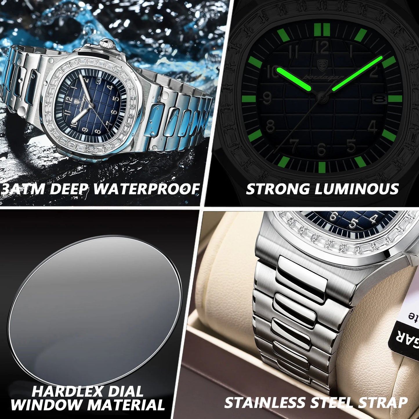 POEDAGAR Luxury Square Man Watches Waterproof Luminous Date Men Wristwatch Casual Male Clock Stainless Steel Men's Quartz Watch