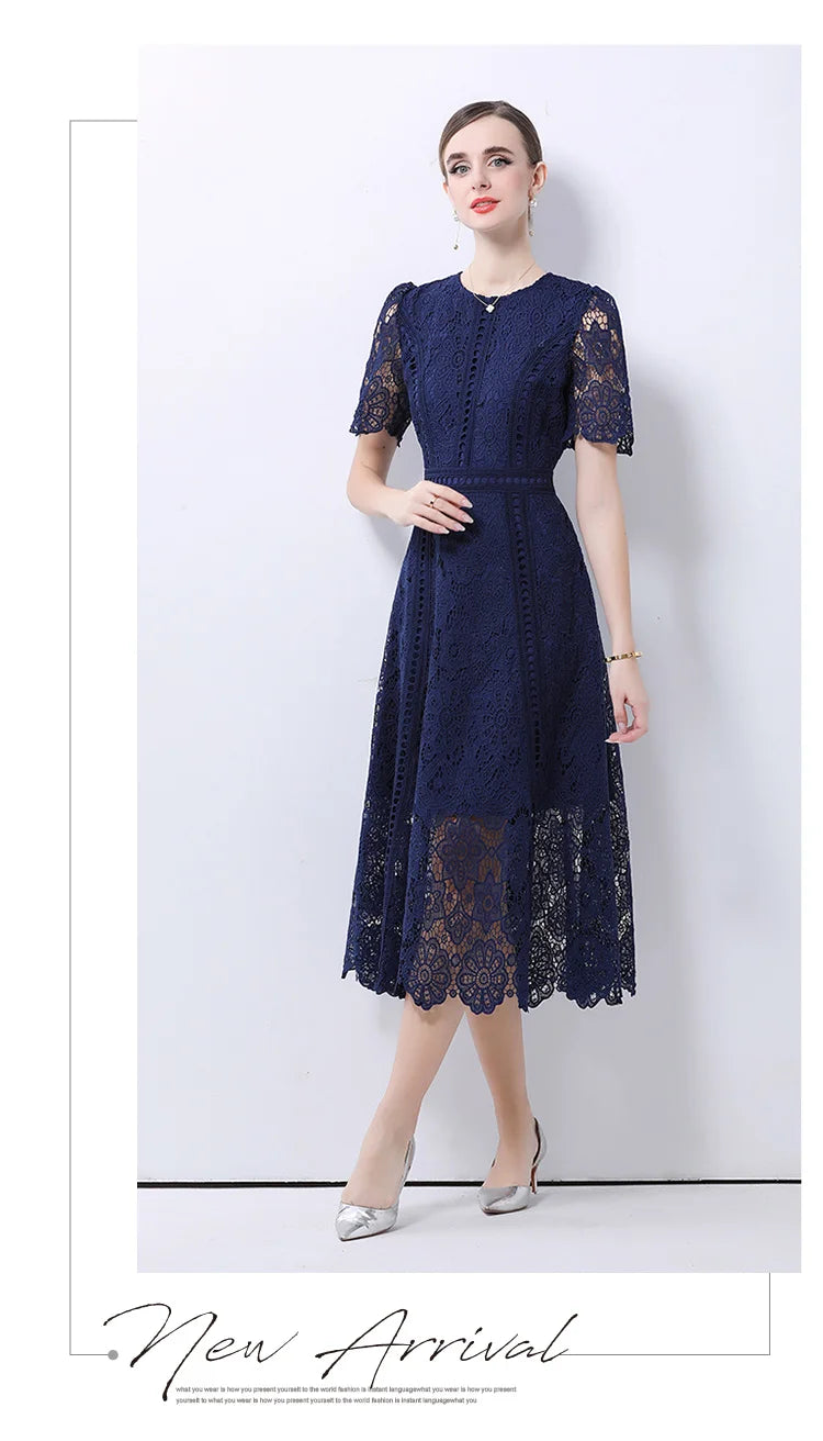 SMTHMA Vintage High-End O-Neck Short Sleeve Lace Hollow Out Dress For Women's Summer Slim Elegant Long Dress Female Clothing