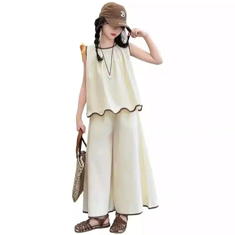 Girls Clothing Sets Fashion Summer Kids Loose Sleeveless Tshirts + Wide Pants 2PCS Casual Children Clothes 6 8 10 12 14 Years