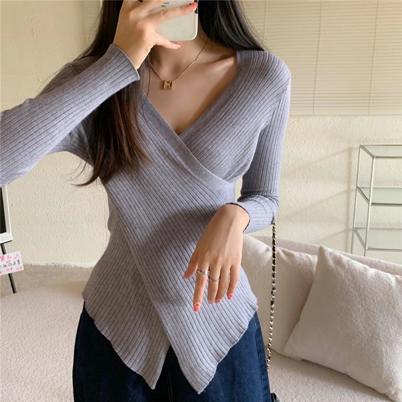 Ribbed Knit Surplice Sweater for Women Pullovers Long Sleeve Plain Jumper Teen-girl Fall Winter Balletcore Chic Outfit