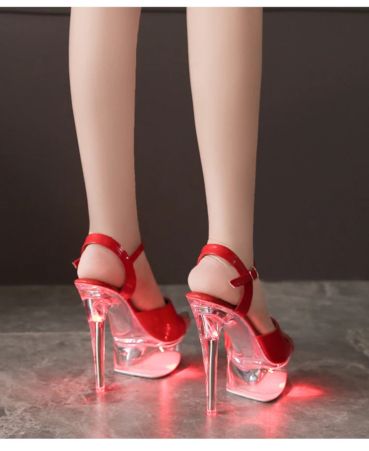 Women's Transparent And Glowing High Heels Red LED Light Up Party Sandals Nightclub Pole Dance Shoes 14.5CM Summer Runway Pumps