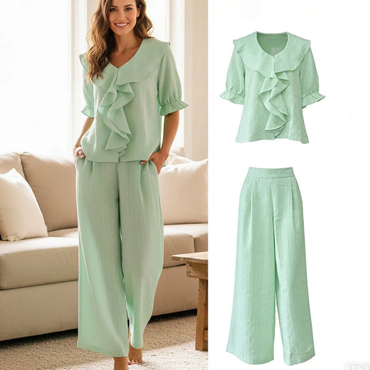 Women Linen Pajama 2 Piece Set Short Sleeve Front Ruffle Shirt PJs Pants Lounge Cute Sleepwear Casual Homewear Set
