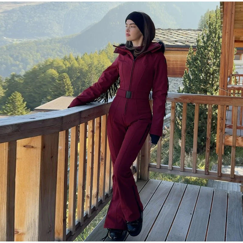 Women  Fur Collar Hooded Skiwear Fashion Solid Thicken Zipper High Waist Slim Outdoor Overalls Jumpsuit  Lady Winter Outwear