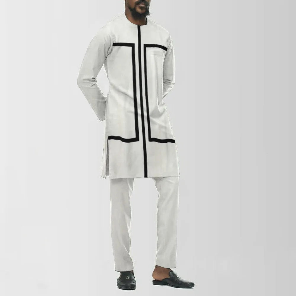 Ethnic Style African Tribal Men Shirts Round Neck Long Sleeve Business Casual Slim Blouses Comfy Traditional Long Tops Gentleman