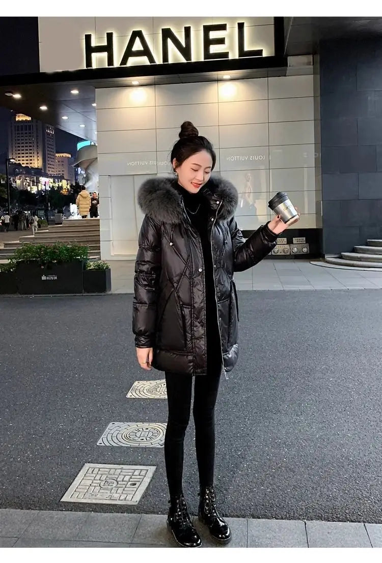 Black Down cotton Jacket Women's 2025 New Korean version Thick fur collar Loose Wash free Winter Coat Female Warm Parka Overcoat
