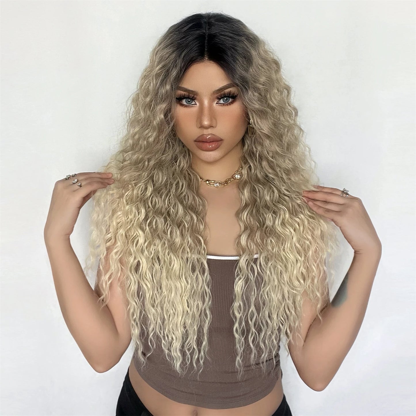 Long Afro Kinky Curly Lace Front Synthetic Wigs Brown Blonde Ombre Wig Dark Root Transparent Deep T Part Lace Wig for Women Use