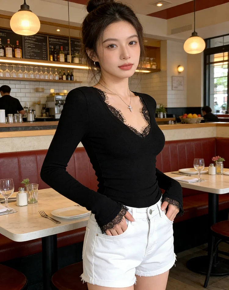 Long Sleeve Lace T-Shirts Women Spring Autumn Simple Vasual Slim Leisure Elegant Comfortable Sexy Ladies Clothing Girls Thin Ins