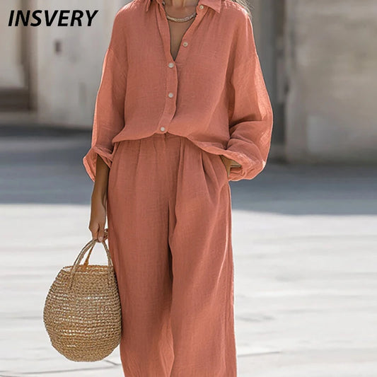 Cotton Linen Casual Women Turn Down Collar Long Sleeve Shirt Wide Leg Pants Trousers Set Spring Autumn Loose Two Piece Set Women