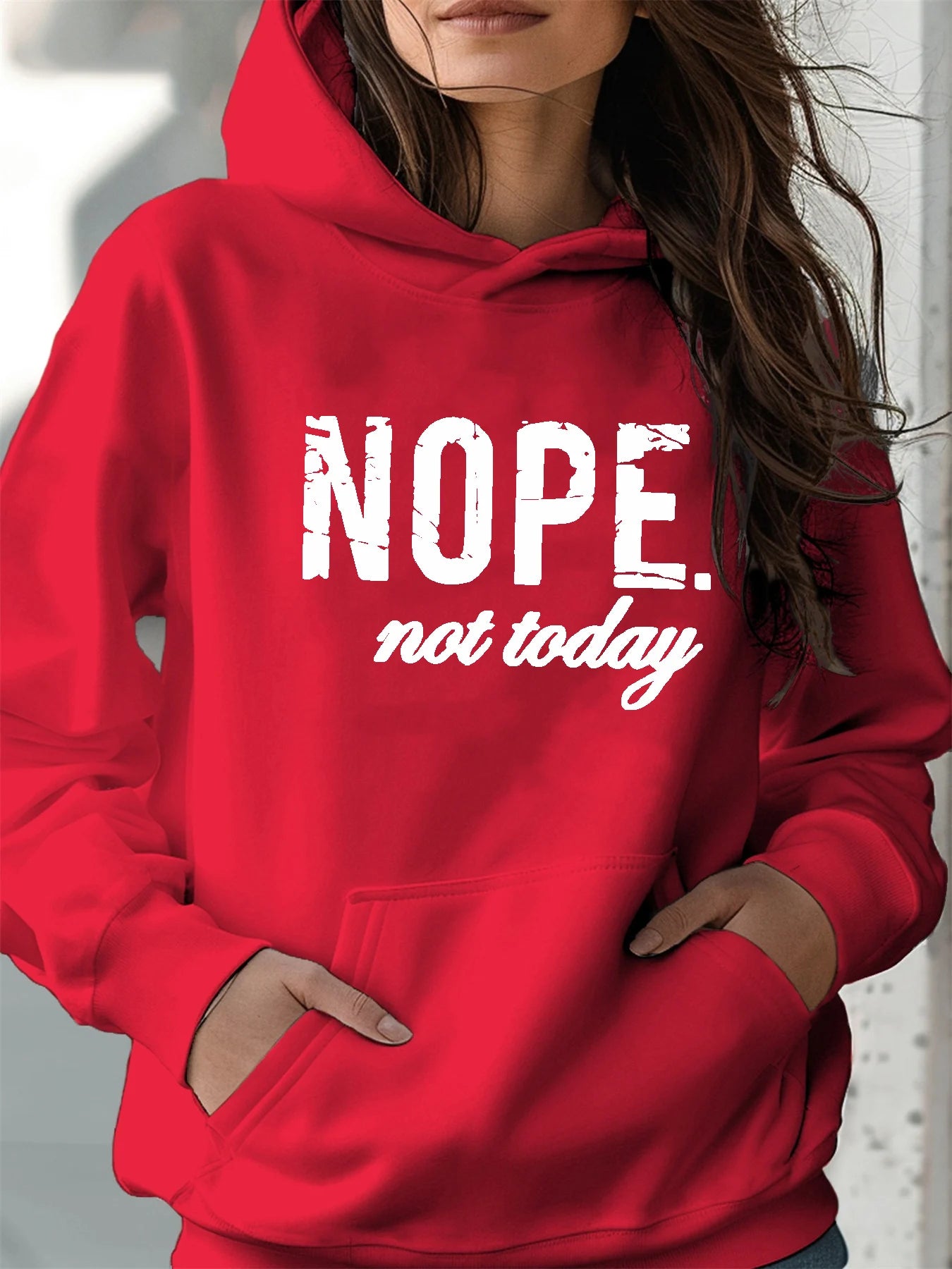 Women's autumn and winter warm and loose casual NOPE not today printed suede long sleeved hooded sweatshirt BAZAARHUBO