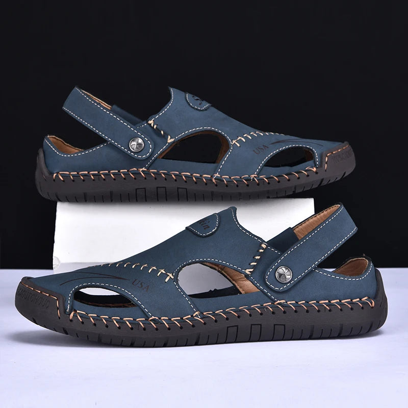 New Handmade Summer Sandals Men Breathable Leather Shoes Man Outdoor Men Sandals Antiskid Beach Sandals Hollow Shoes Footwear