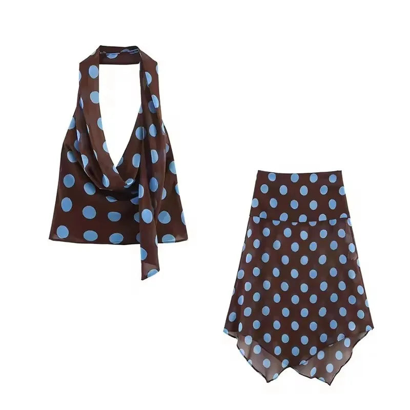 Polka Dot Printed Midi Skirts Two Piece Sets for Women 2026 Summer Chic Scarf Halter Top Suits Beach Woman 2 Piece Outfits