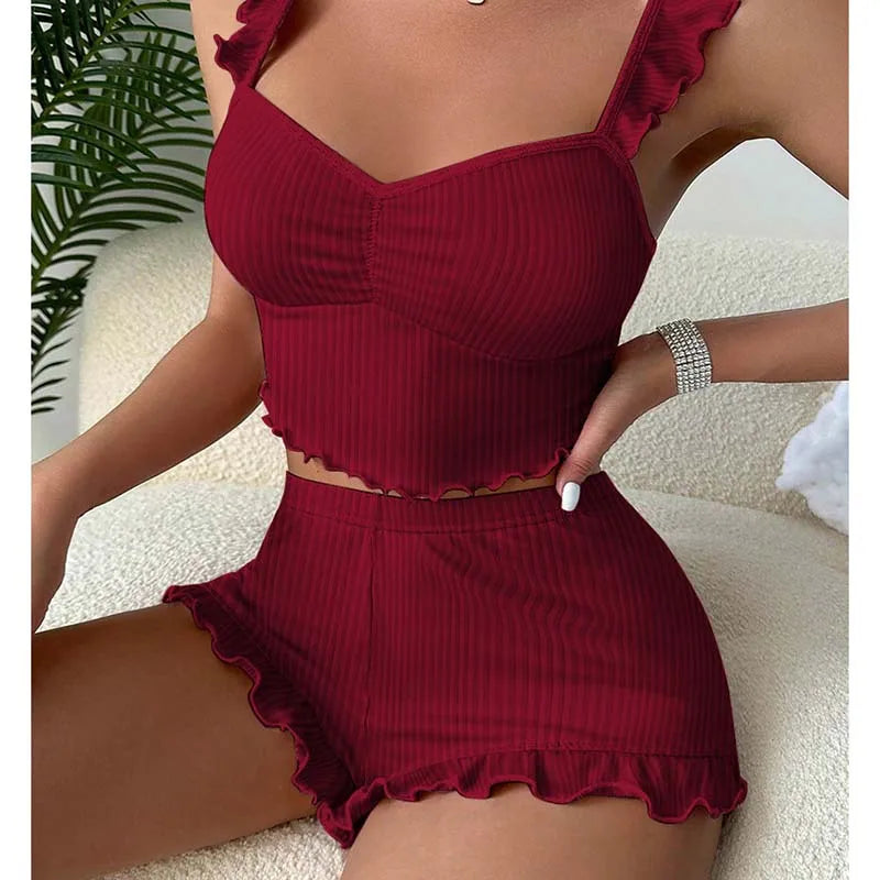 Women's Two-Piece Pajamas Set Summer Sexy Solid Ruffles Camisole And Shorts Pyjamas Set Sleepwear