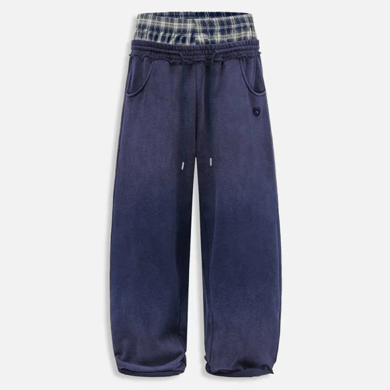 Mens Pants Washed Plaid Patchwork Double Waist Straight Leg Trousers Harajuku Unisex Low Rise Loose Fit Casual Streetwear New