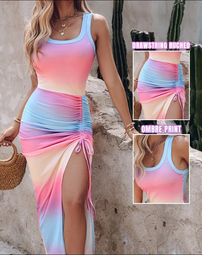 Women's Sexy Hot Girl Style Drawstring Split Slim Vest Dress Summer Fashion Mid-waist Sleeveless Suspender U-neck Dresses