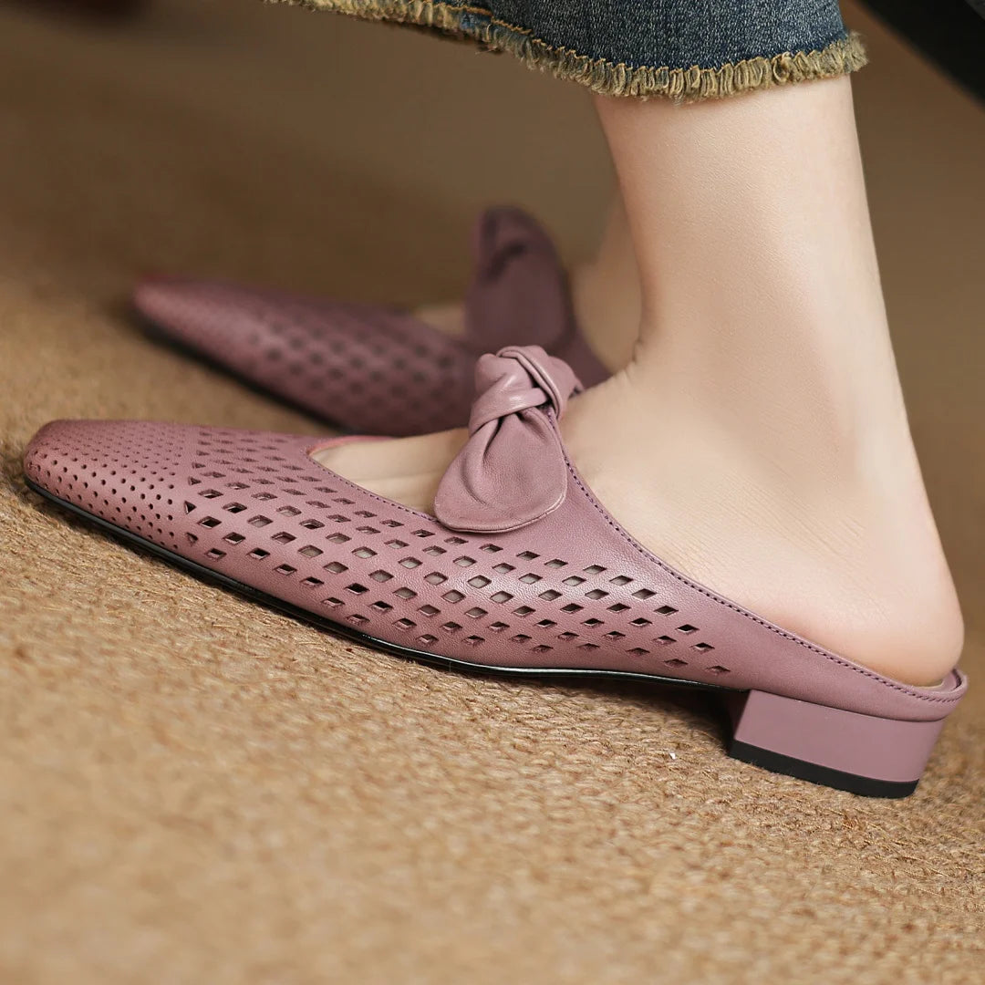 2025 Summer new plus size 34-41 women's hollow-out cow leather slip-on flats summer slides sandals sweet bowtie elegant mules