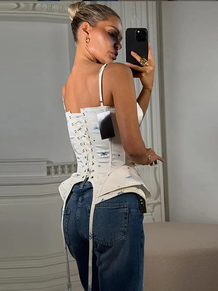 Sexy Print Fishbone Sling Tops Women Bandage Ribbon Patchwork Fitted Corset Female 2026 Summer New Chic Evening Party Tanks Lady