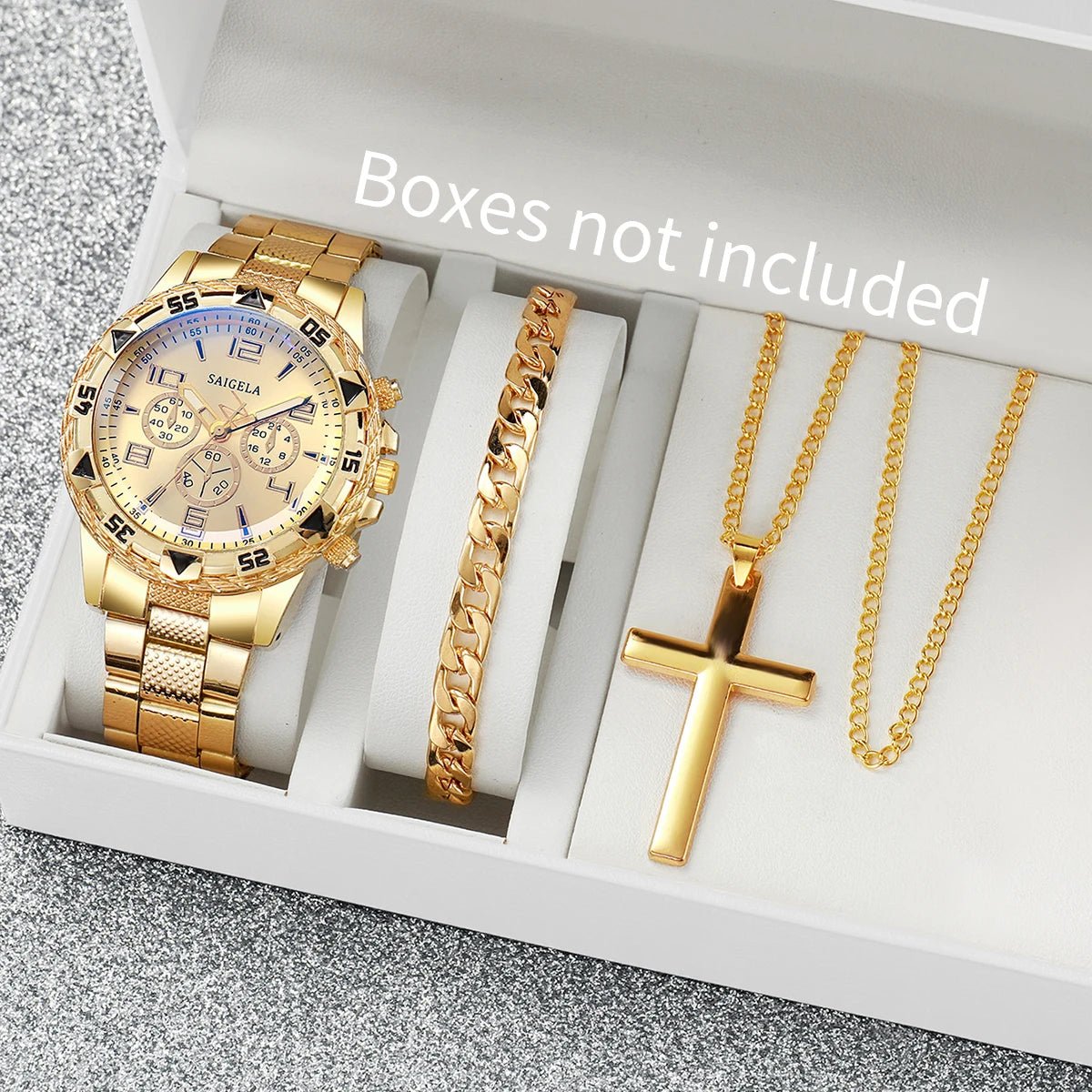 3PCS/Set Fashion Men's Quartz Watch Luxury Large Dial Men Business Watches Necklace Bracelet Set Reloj Hombre（Without Box）