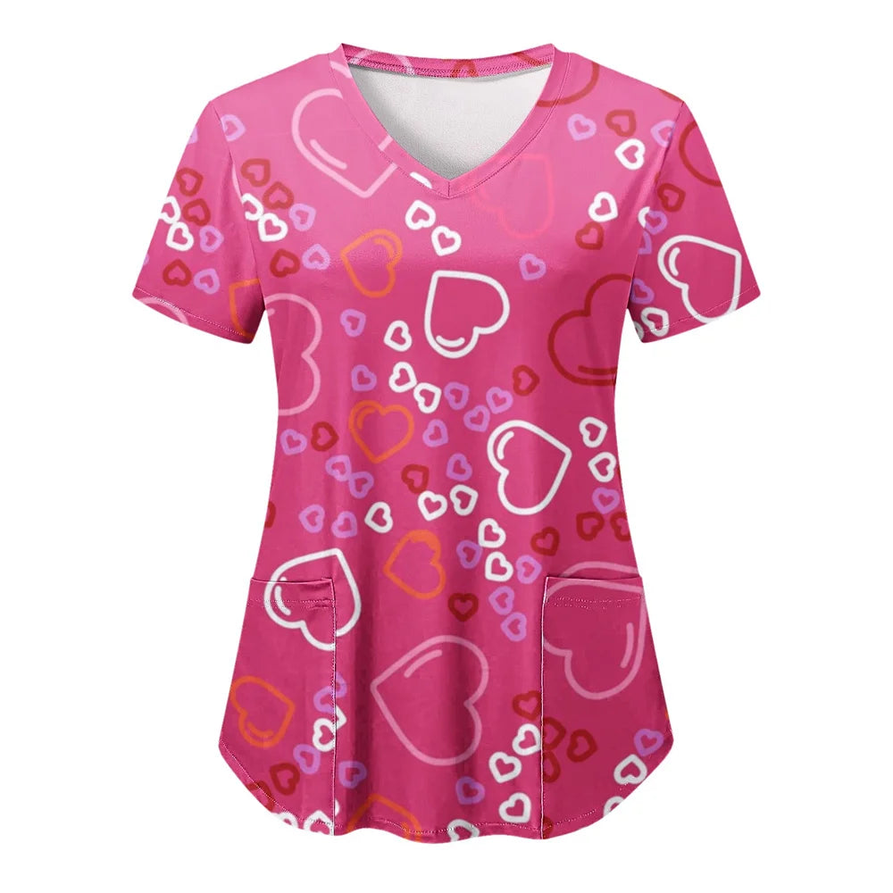Tops Women Scrub Nurse Print Short Sleeve Cartoon V-Neck Tops Working T-Shirts Heart Print Healthcare Tunic Carers Workwear Tops