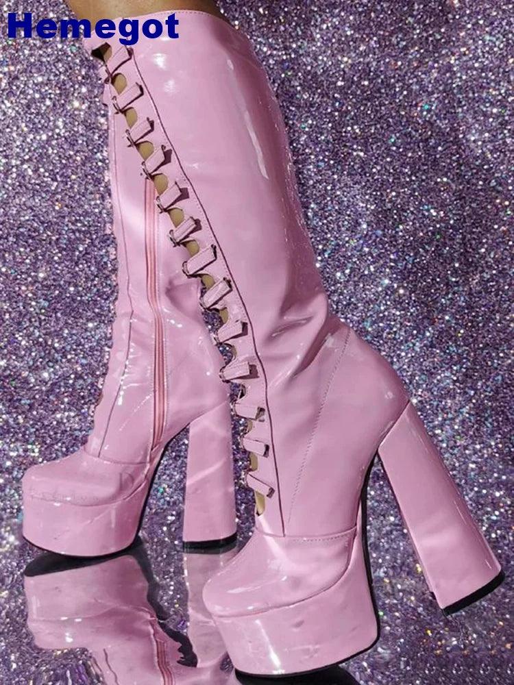 Patent Leather Belt Buckle Sexy Boots Platform Party Zip Summer Fashion Women Lolita Boot Hollow Street Punk Thick High Heels