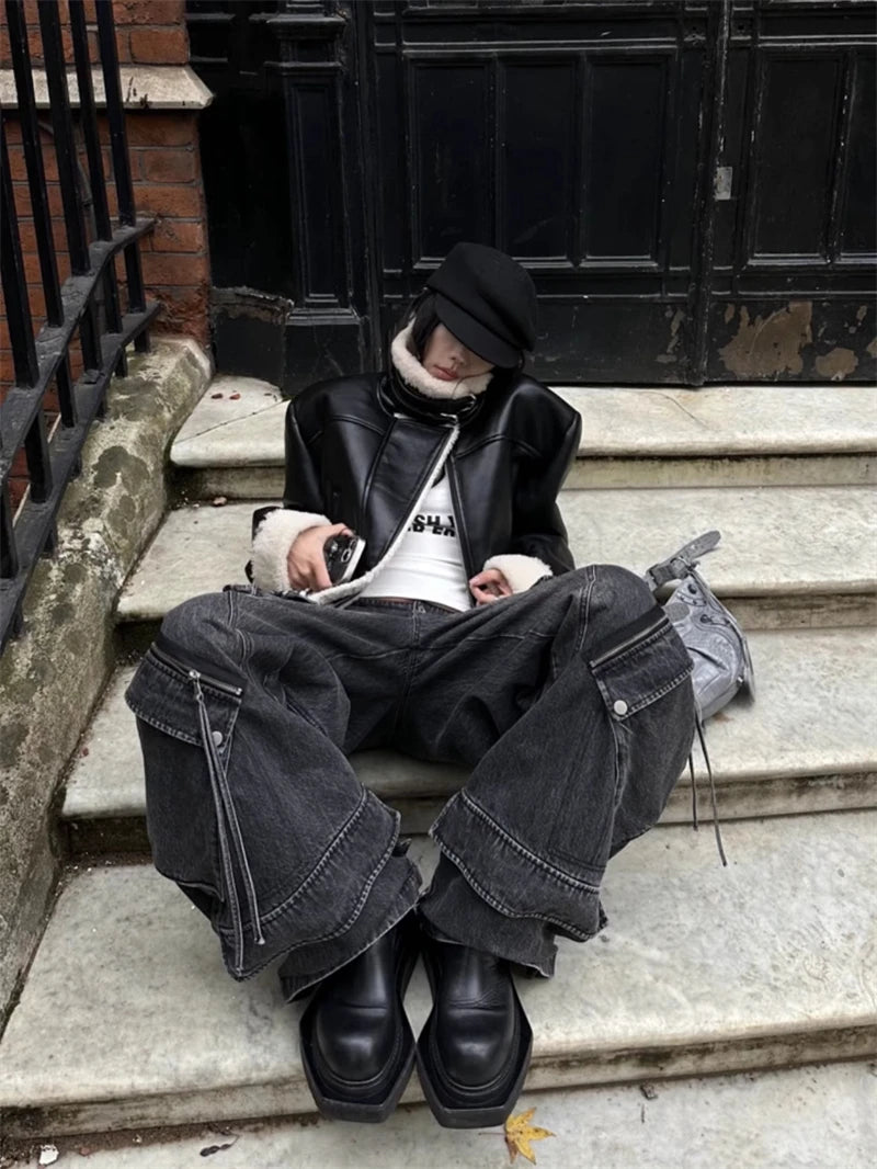 Women Black Gothic Baggy Cargo Jeans Harajuku Oversize Denim Trousers Y2K