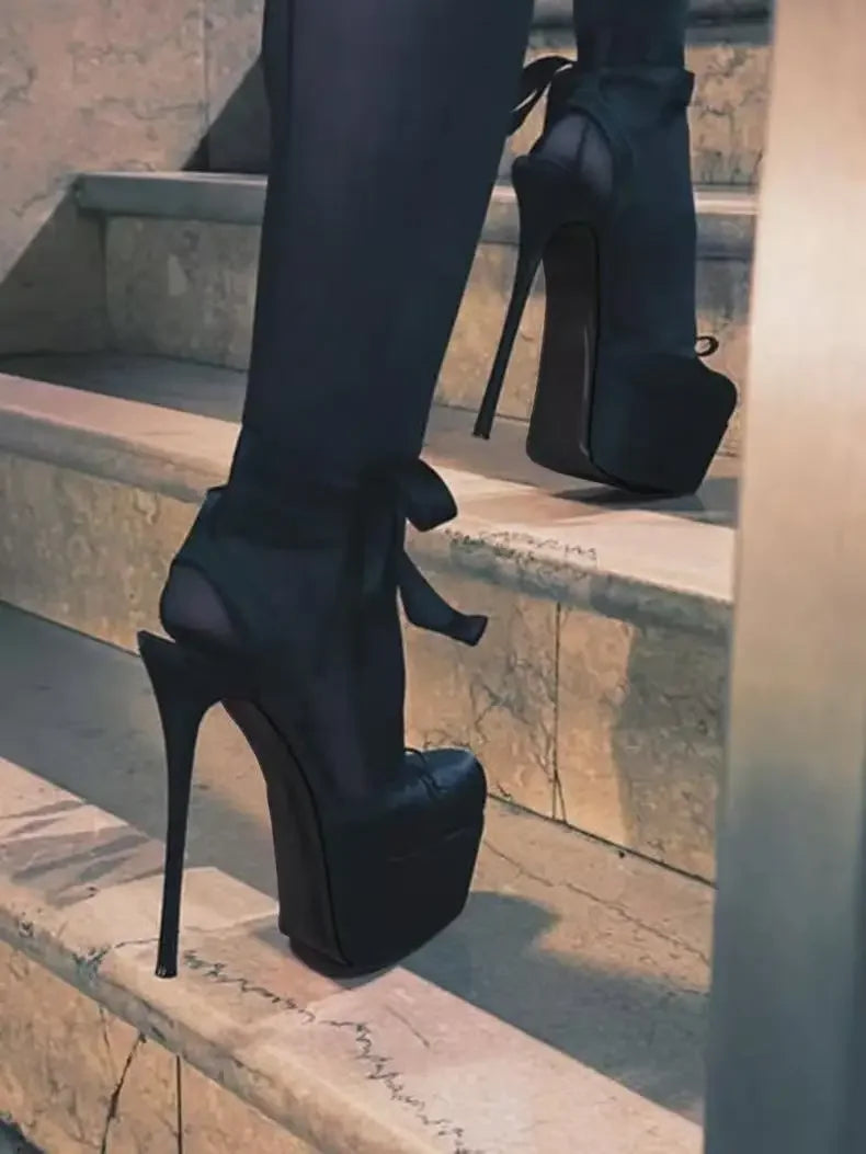 2025 Spring New Square-Toe High Heels Bow Knot Peep-Toe Platform Sandals for Women, Sexy Evening Party Club Wedding Shoes