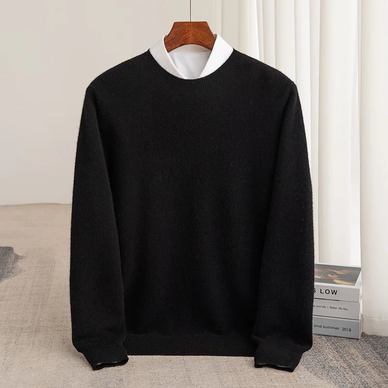 Autumn And Winter 100% Pure Wool Men's Thick Round Neck Slim-Fit  O-neck Pullover Long-Sleeved Knitted Cashmere Sweater