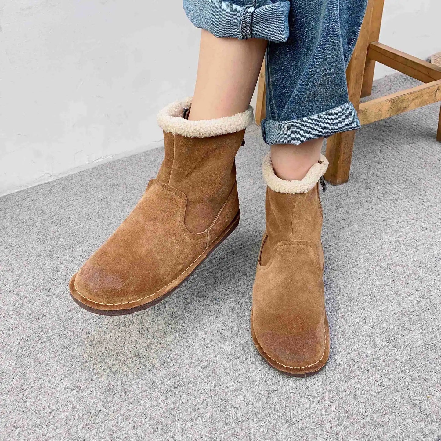 Careaymade-Genuine cow leather Snow cotton round head flats woolen short boots plush warm snow boots Oversized shoes size 35-43