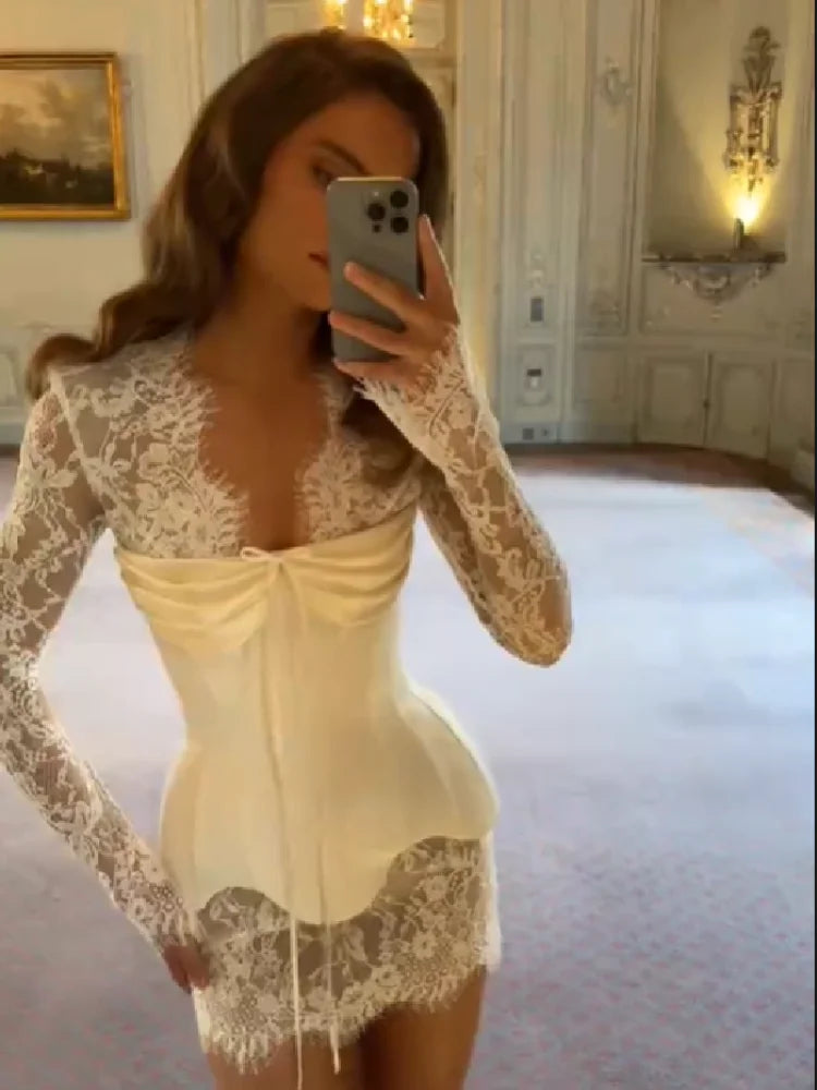 Lace Trim Bustier Dress Satin Deep V Neck Long Sleeve Ruched Sexy Elegant Bandage Vestido 2026 NEW Women‘s Evening Dresses